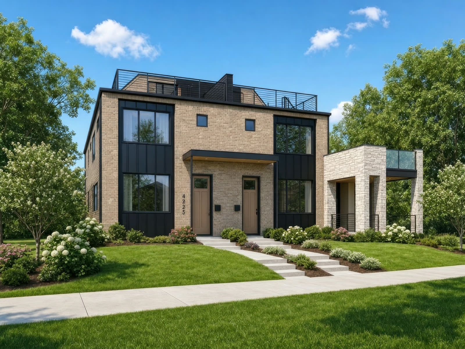 Completed exterior of a Raleigh Street duplex in Berkeley